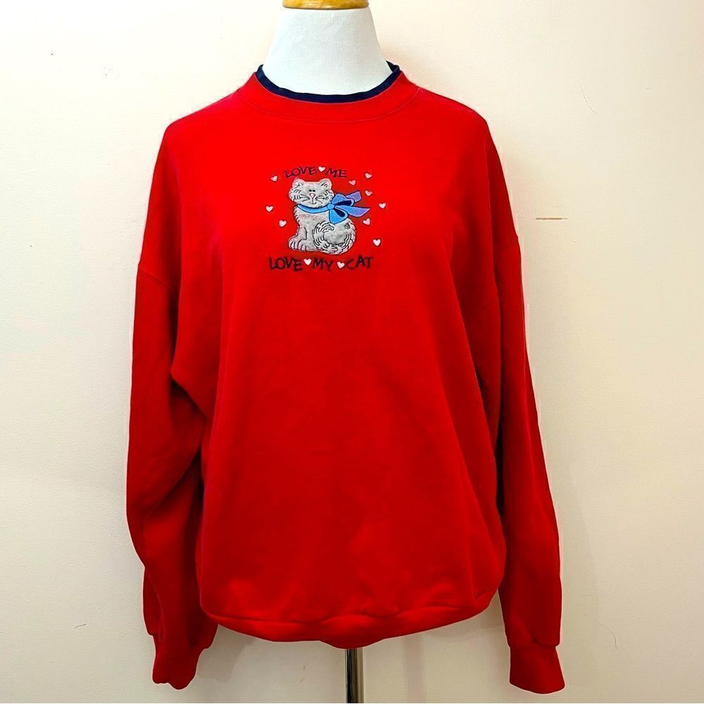 Vintage Grannycore Sweatshirt Crewneck Love Me Love My Cat L/XL